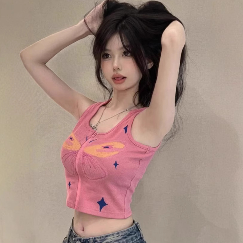 Ins Sexy Short Navel-Baring Printed Zipper Vest Women's T-Shirt Summer Outer Wear Sexy Pure Desire Fashion Sleeveless Top Women