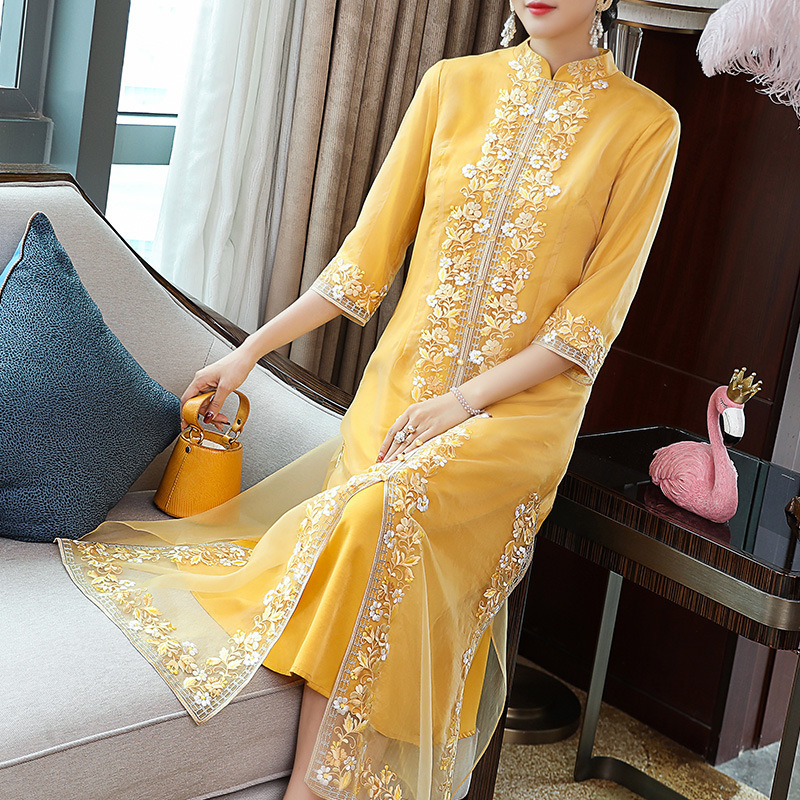 Chinese-Style Retro Dress 2026 Summer New Stand-Collar Mother's Dress for Banquets and Daily Wear Overseas Warehouse Supply