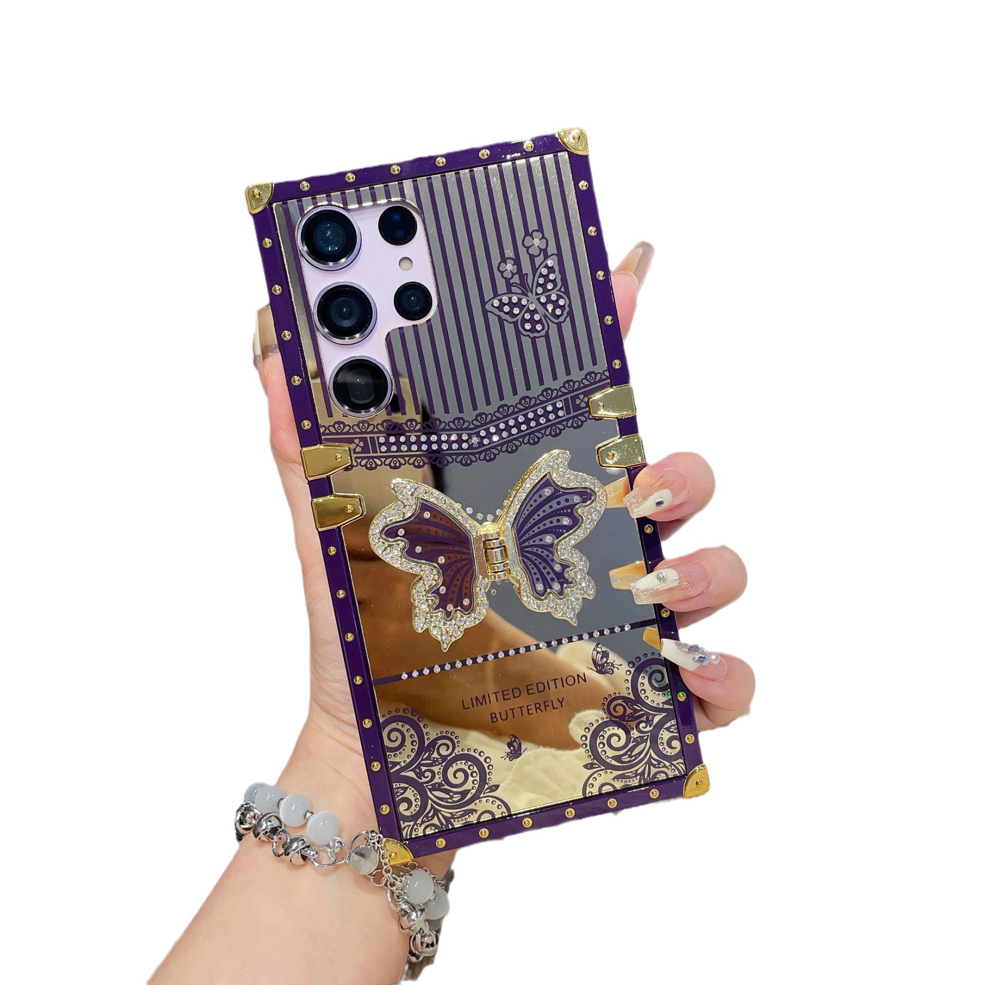 Adecuado para Samsung S24 mariposa diamante-incrustado soporte teléfono caso A73 maquillaje espejo pasarela cuadrado caso protector avanzado
