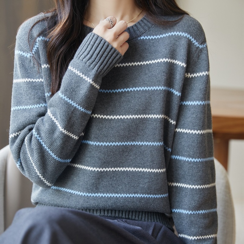 波浪线条纹圆领毛衣女线撞色长袖秋冬软糯纯棉内搭针织打底衫|undefined