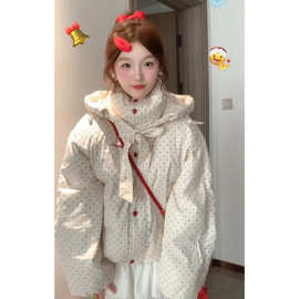 甜美学院风可爱立领波点棉衣外套女2025冬季新款加厚防寒保暖