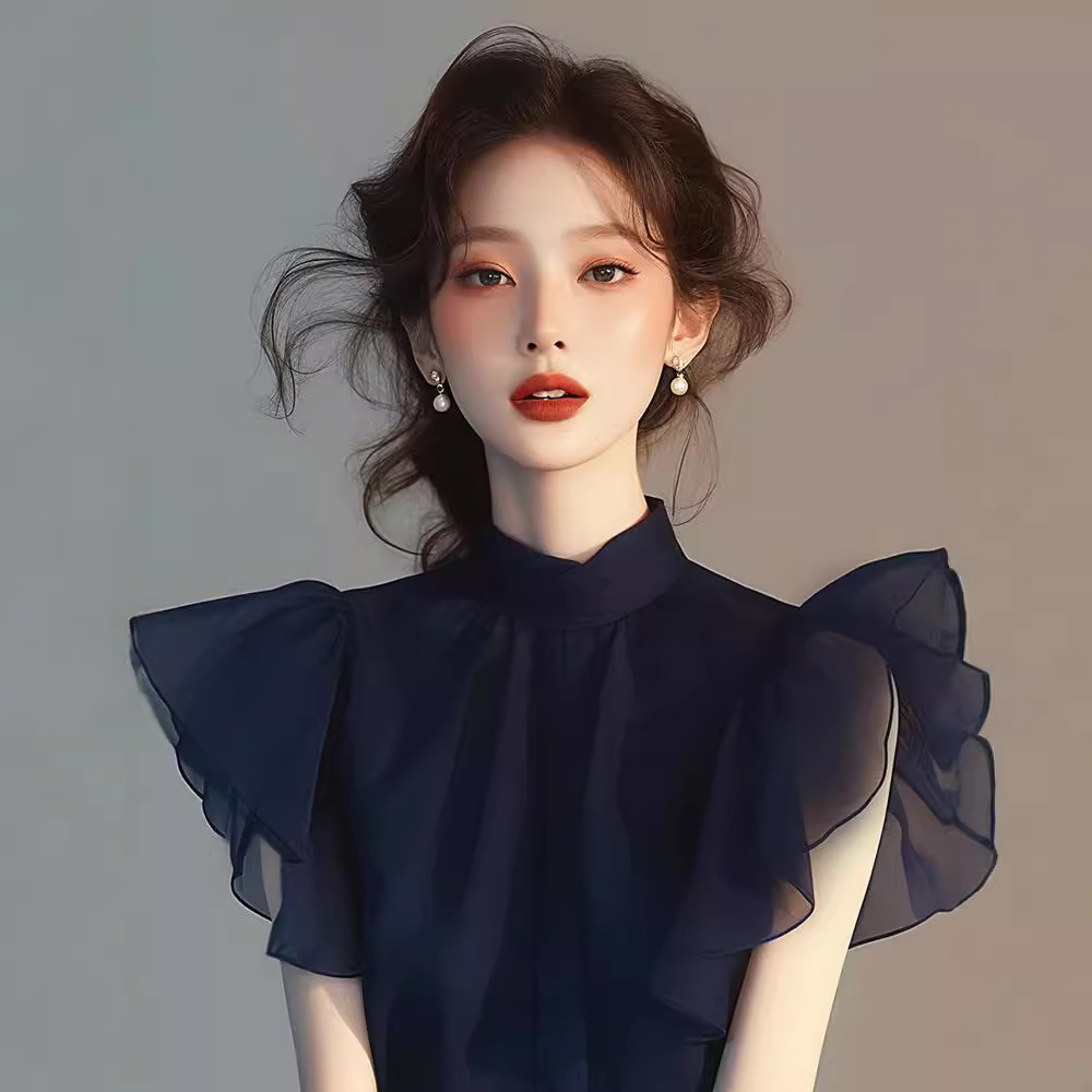 Áo sơ mi voan nữ tay bèo nhỏ màu xanh lam thanh lịch — Màu xanh lam