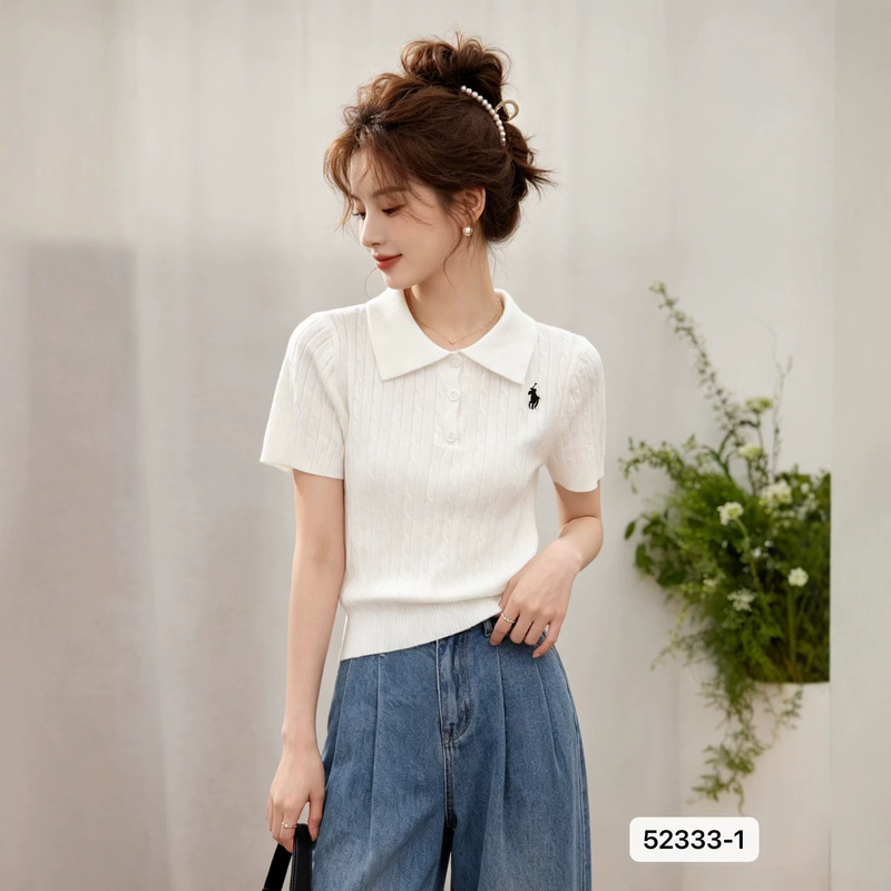 Solid Color Polo Collar Short-Sleeved Knit Shirt for Women, New Summer Style, Very Beautiful, French-Style Embroidery Design, Slimming Top Solid Color Polo Collar Short-Sleeved Knit Shirt for Women, New Summer Style, Very Beautiful, French-Style Embroidery Design, Slimming Top