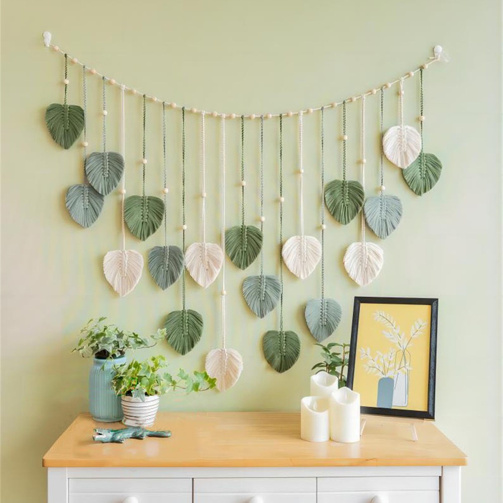 INS Cuerda de algodón bohemia, cuentas de madera tejidas a mano, hojas, fotos, adornos de pared, tapices, borlas, colgantes de pared