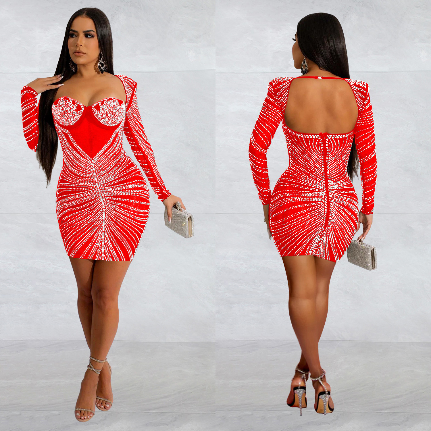C6700 transfronteriza AliExpress Amazon Europa y América de las mujeres de moda de color sólido de malla de perforación en caliente de manga larga vestido de falda corta image 5