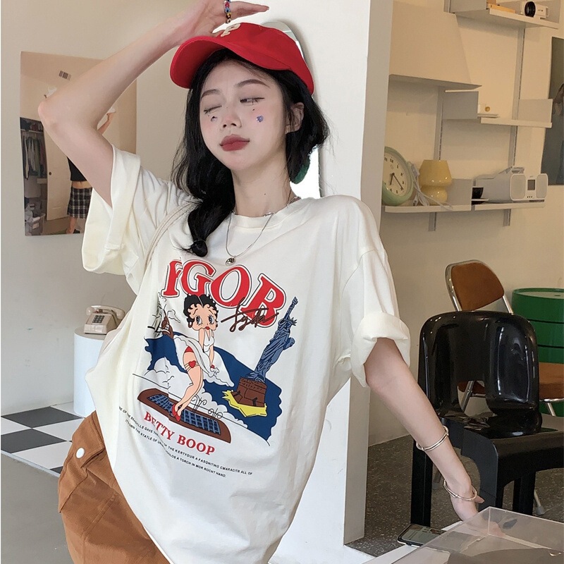 Betty Cartoon Print Short-Sleeved T-Shirt for Women Summer 2025 Summer Style Korean Style Loose Pure Lust Style Casual Round Neck Top