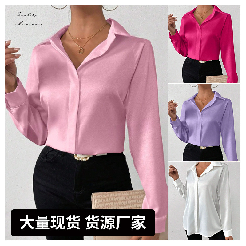 Camisa satinada de mujer europea y americana transfronteriza, camisa de manga larga de seda de imitación de satén para mujer, comercio exterior europeo y americano, ropa de mujer transfronteriza