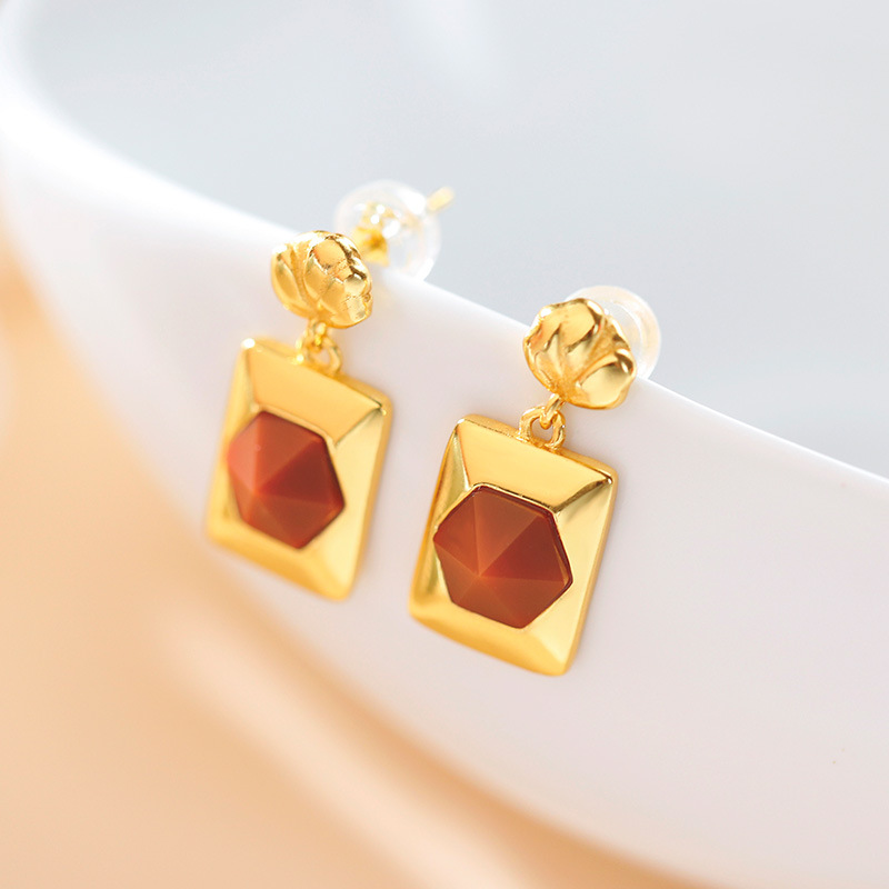 (2개) HUIBAOLI S  골드 도금 사우스 레드 마노 다이아몬드 페이스 커팅 로즈 플라워 버드 기질 고급 귀걸이