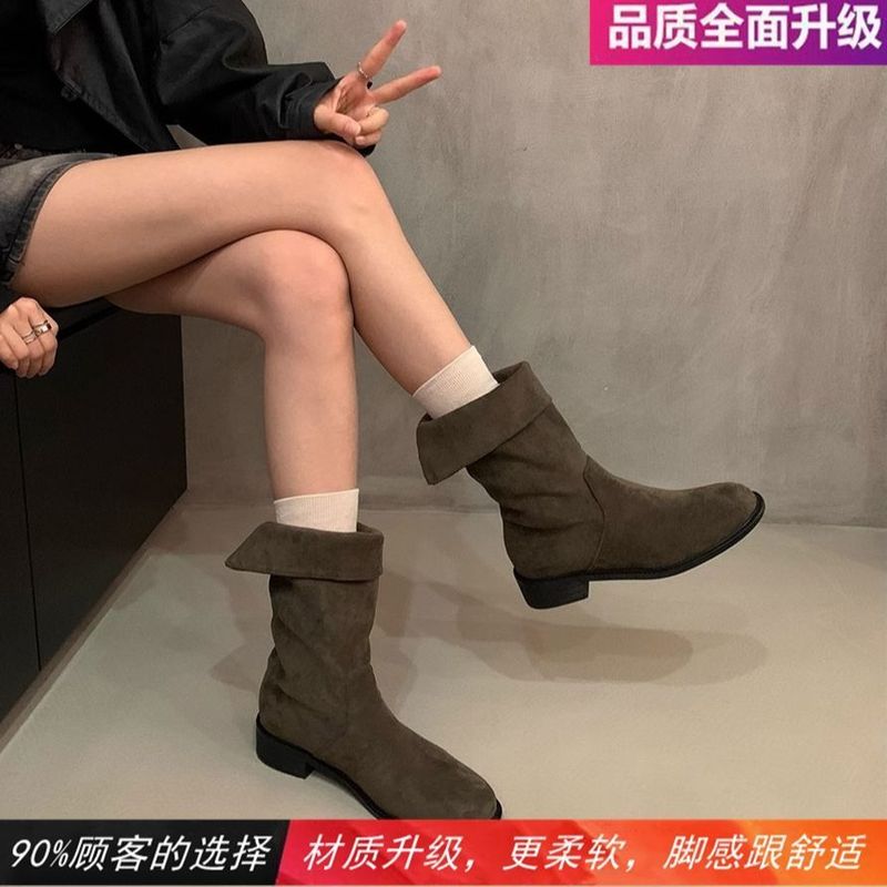 2025秋季新款堆堆靴粗跟短筒女靴子绒面卡其色短靴西部靴骑士靴女|undefined