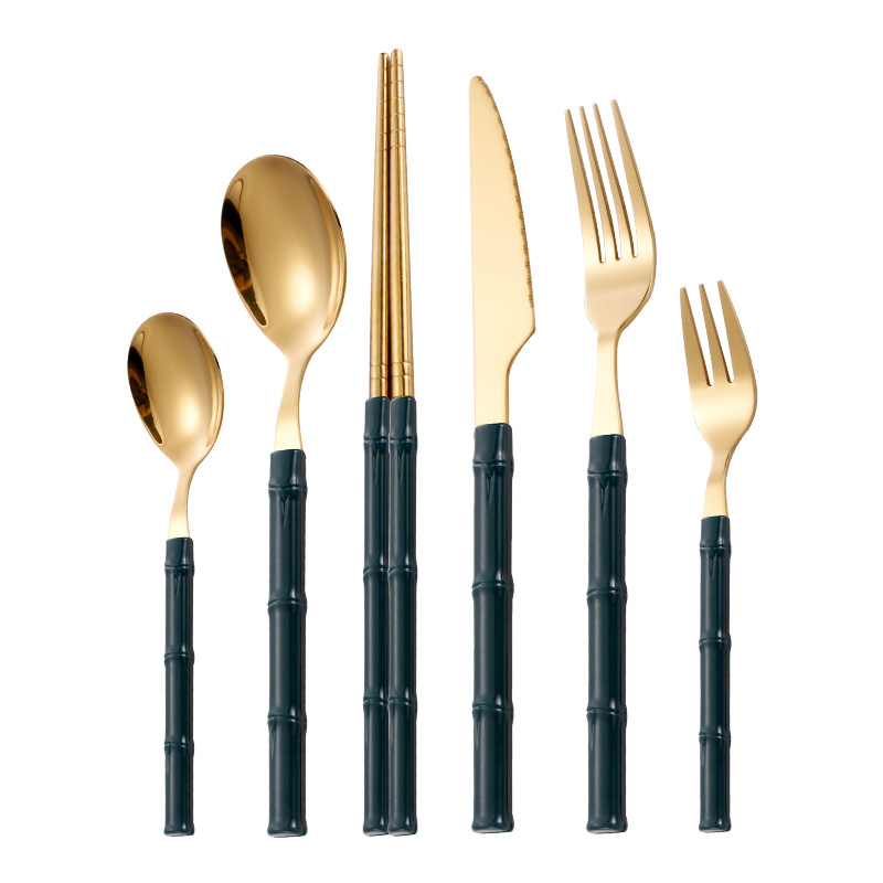 Cuchillo de acero inoxidable, tenedor y cuchara Hotel creativo vajilla occidental cuchillo de filete, tenedor y cuchara Palillos de bambú de imitación transfronteriza