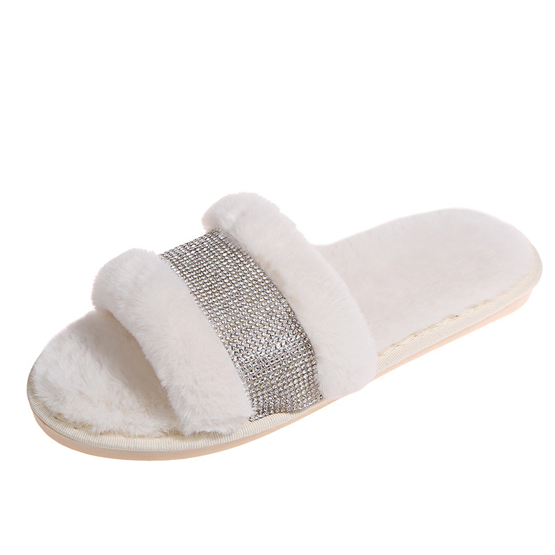 Nueva versión coreana de zapatillas de lana con tiras de diamantes de imitación, zapatillas de algodón cálidas antideslizantes para el hogar para mujeres, suministro directo de fábrica transfronterizo