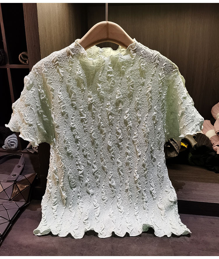 Áo thun nữ tay ngắn cổ tròn phối ren hoa nổi cao cấp — màu đen, Xanh lá cây nhạtcolor, màu tím nhạt, màu mơ chi tiết 11