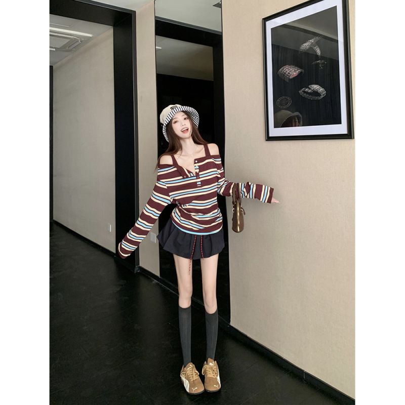 韩系撞色纯棉色织条纹拼接一字肩长袖T恤女秋季别致上衣外贸批发|undefined