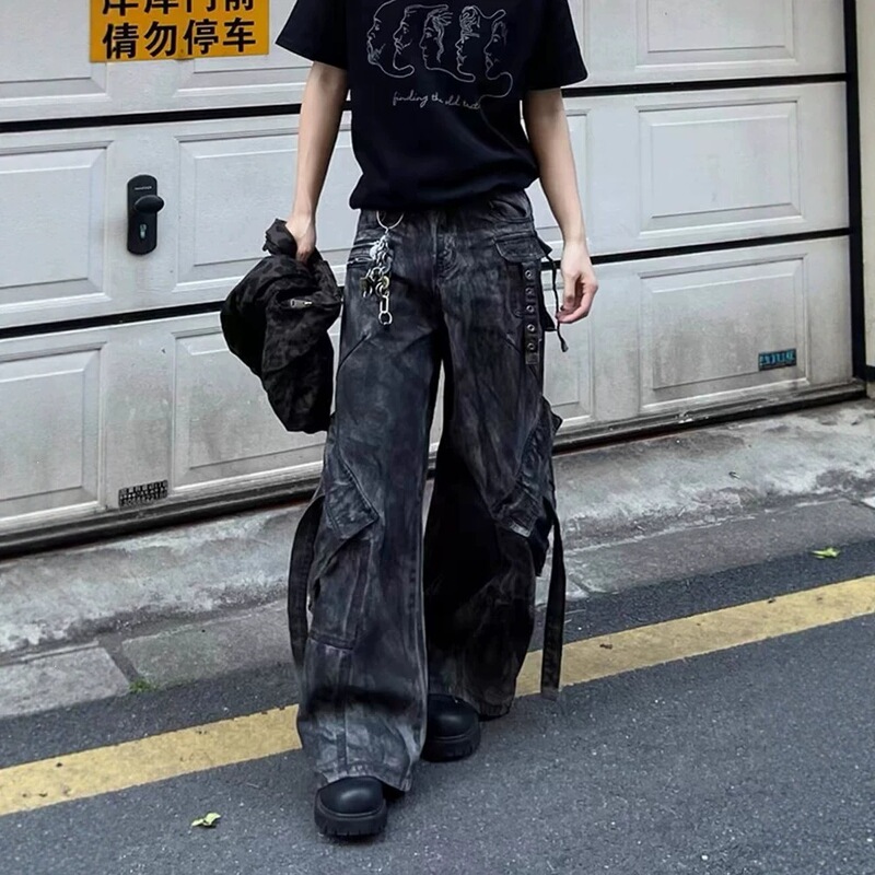 American Retro Distressed Y2K Punk Rock Jeans for Men with a Unique Design, Heavy-Duty Multi-Pocket Workwear
