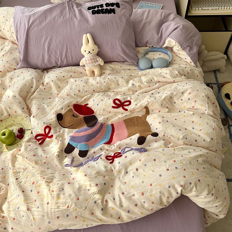 Ins-style cartoon towel bedding set for girls, high-quality duvet cover and sheet set, student dormitory three-piece set