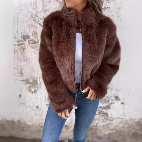 Women's Autumn/Winter US Fashion Fake Fur Collar Zipper Casual Top Jacket