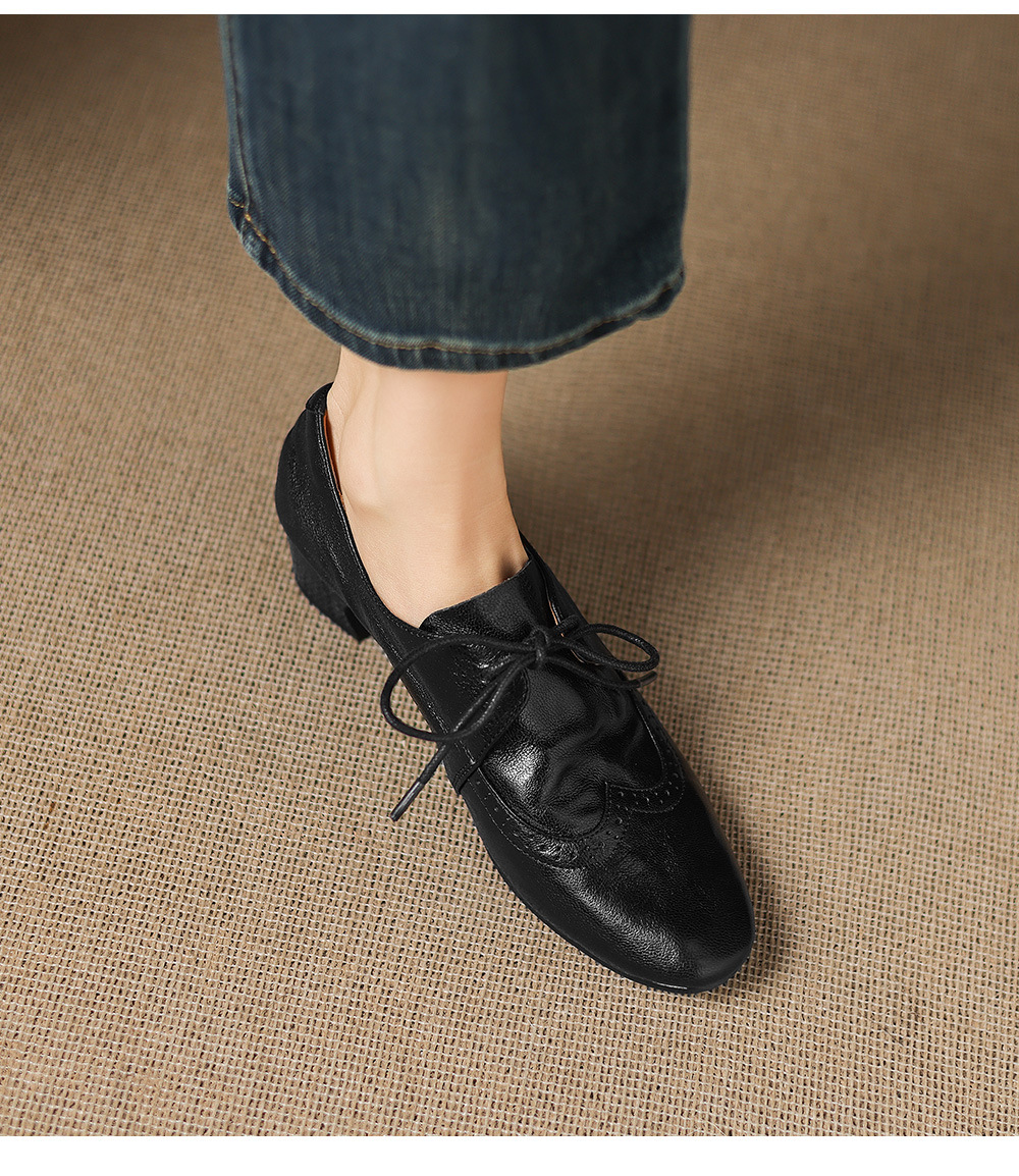 Giày loafer nữ da cừu buộc dây phong cách vintage, gót thấp vuông — màu nâu chi tiết 9