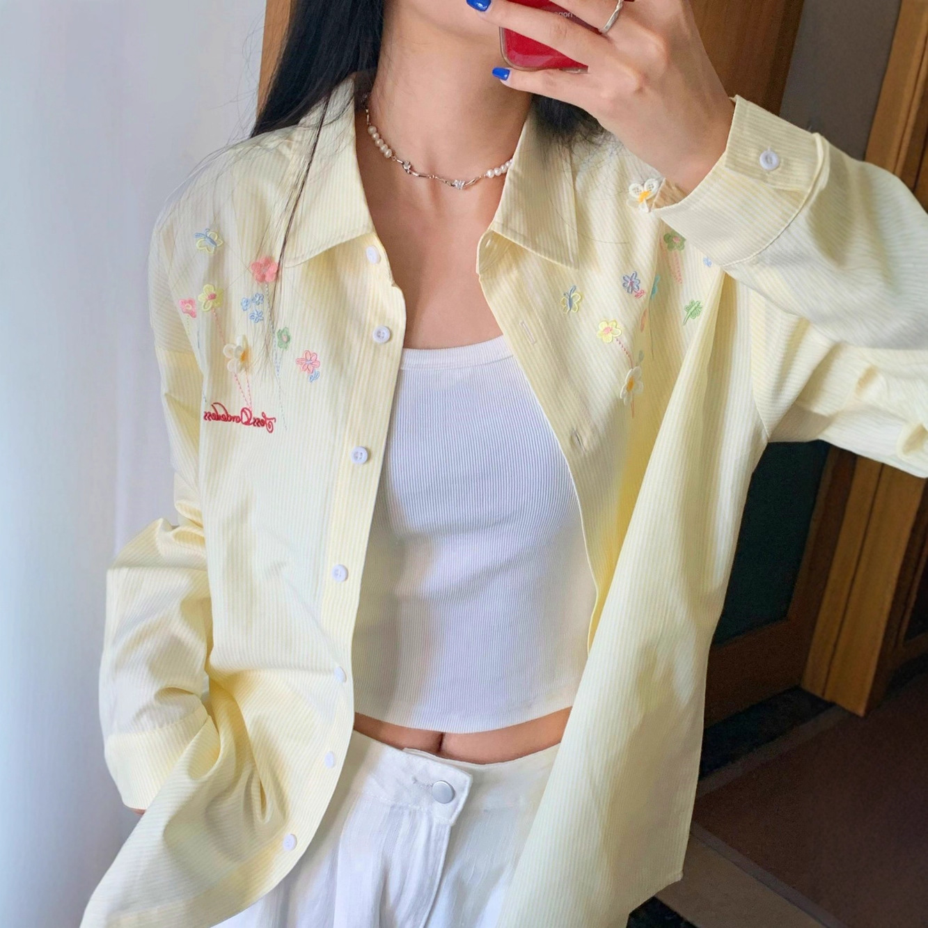 Giacca-camicia da donna a righe ricamate, ampia, casual, cardigan, top da indossare a strati per l'inizio dell'autunno e la primavera, capospalla con protezione solare_voghion.com