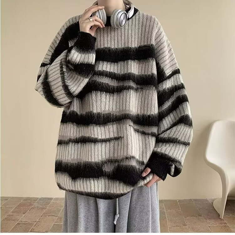(2개) 가을과 겨울 라운드 넥 스웨터 남성용 아메리칸 스타일 트렌디 브랜드 대비 컬러 스트라이프 플러시 게으른 스타일 느슨한 간단한 니트 스웨터 재킷
