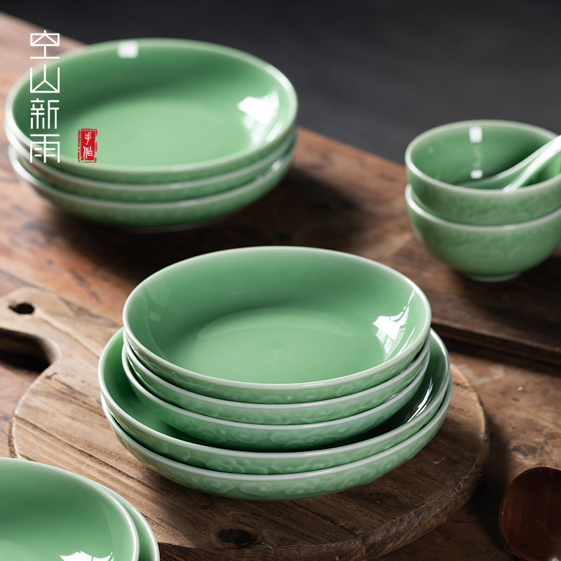 Empty Mountain Xinyu Longquan Celadon dish creative Xiangyun plate ceramic Chinese hotel restaurant Western plate bone dish