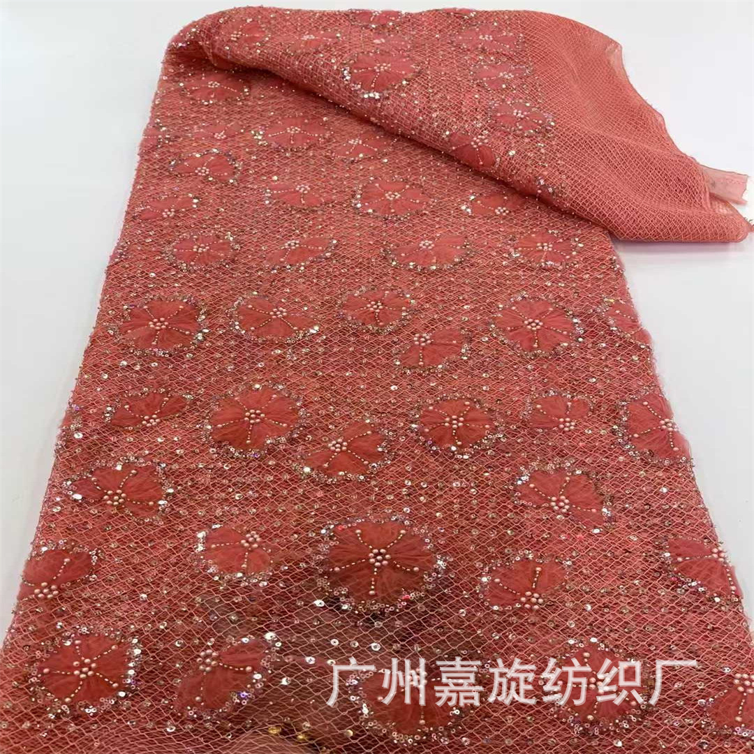 Europa y los Estados Unidos malla gruesa tela de encaje tridimensional tubo de perlas sequinado bordado vestido de encaje de boda tela de encaje