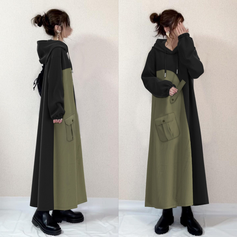 跨境外贸日系宽松大码黑色连帽拼接卫衣连衣裙女春秋设计感长裙子|undefined