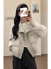 冬季新款设计感针织拼接棉服女韩系气质翻领简约风短款面包服棉衣