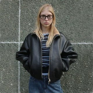 现货羊羔毛皮外套女 秋冬韩版翻领机车保暖拉链皮夹克韩系低经典