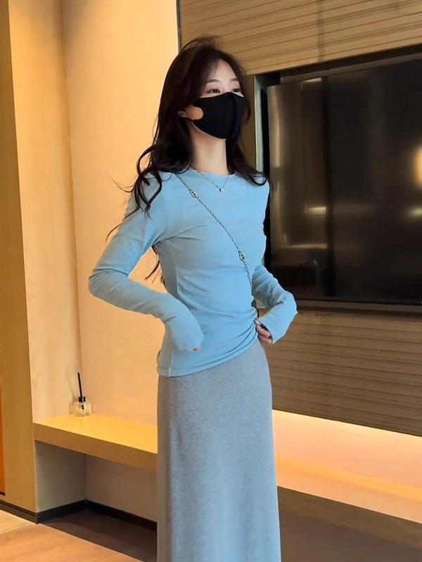 韩系蓝色针织长袖上衣女2025年早秋穿搭小个子修身显瘦内搭打底衫|undefined