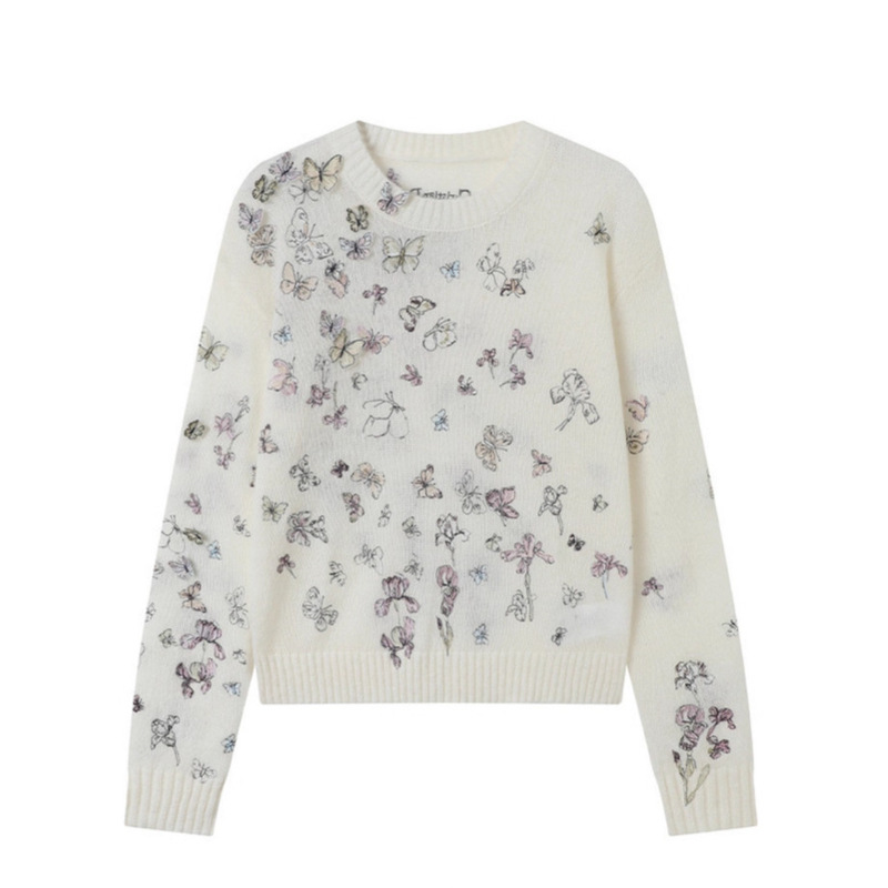 Nanyou High-End Cd26 Early Spring New Model Elegant Fairy Versatile 3D Butterfly Embroidery Knitted Round Neck Pullover Top Nanyou High-End Cd26 Early Spring New Model Elegant Fairy Versatile 3D Butterfly Embroidery Knitted Round Neck Pullover Top