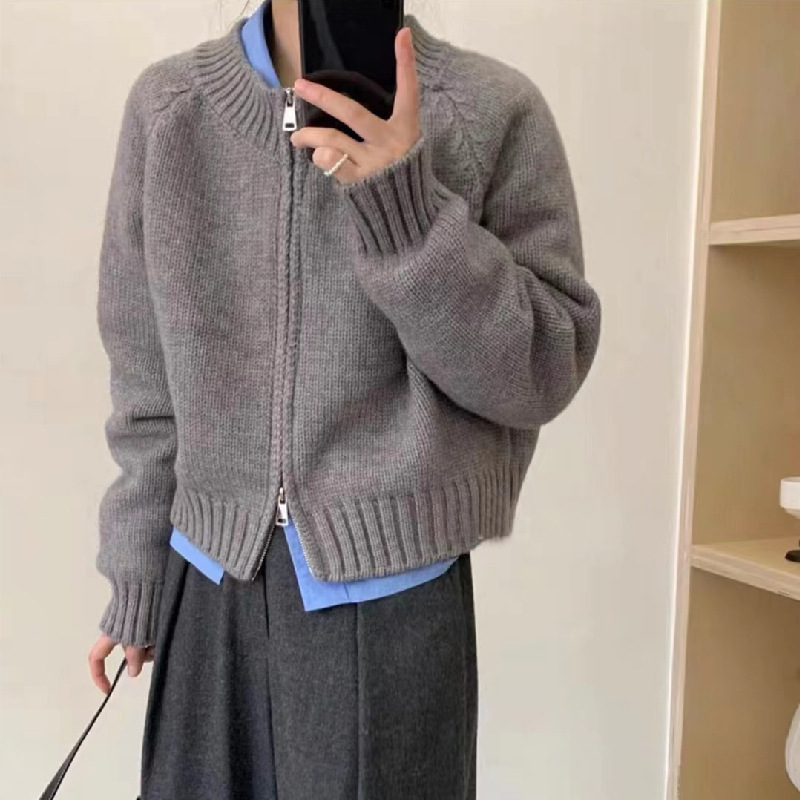 2025 Autumn and Winter New Double Zipper Solid Color Women's Sweater Short Tops Knitted Top Round Neck Cardigan Casual Women's Clothing 2025 Autumn and Winter New Double Zipper Solid Color Women's Sweater Short Tops Knitted Top Round Neck Cardigan Casual Women's Clothing
