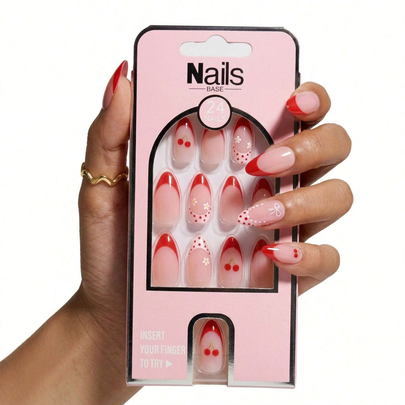 Summer Sweet Cherry Press-On Nails, High-Value Cute French Polka Dot Manicure, Ins-Style Bowknot Nails