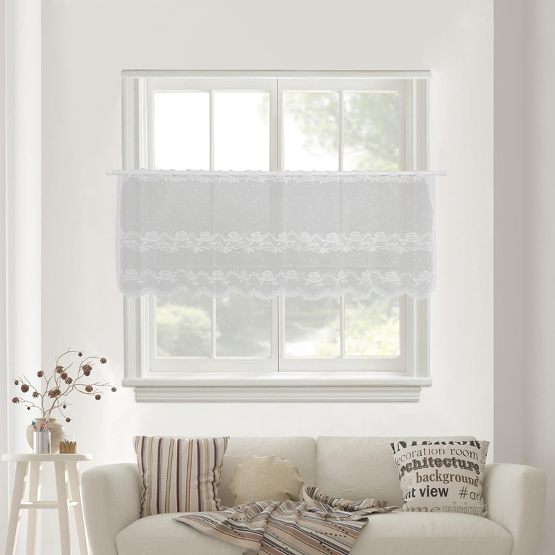 American Retro Lace Curtain Head Flower Core Transparent Coffee Curtain Door Curtain Punch-free Wear Rod Kitchen Curtain Decoration