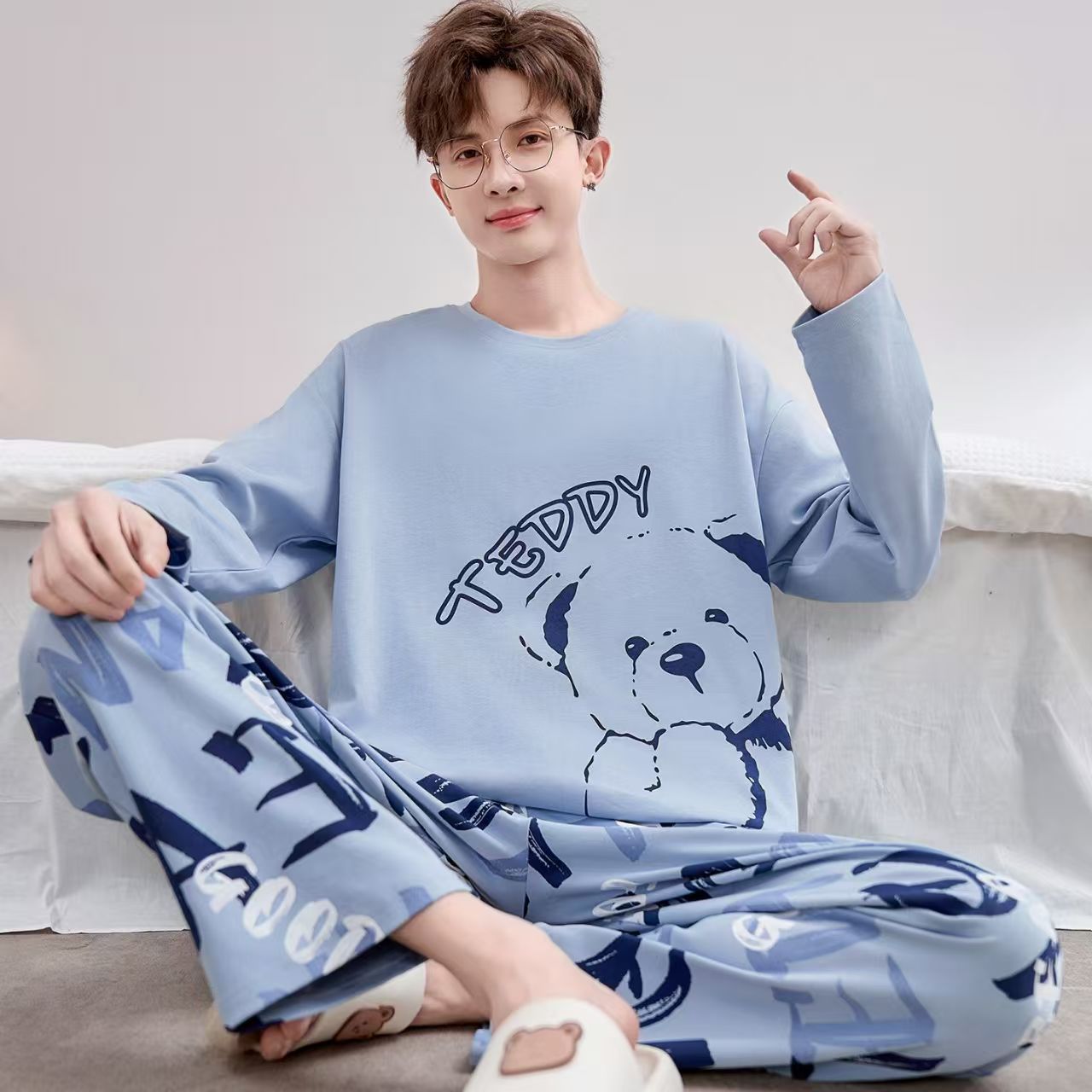 New Imitation Cotton Pajamas for Men Spring and Autumn Long-Sleeved Cartoon Teenagers Large Size Loose Home Clothes Set Cross-Border Wholesale