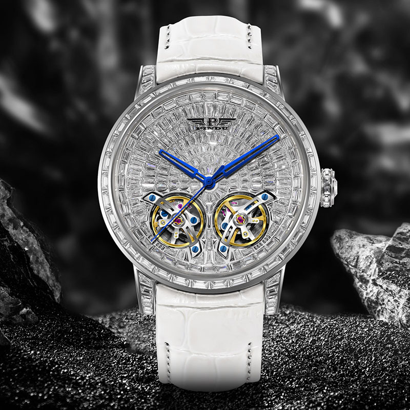 Đồng hồ nam automatic lộ máy phát quang đính đá hai bánh xe bay chống nước đa năng
