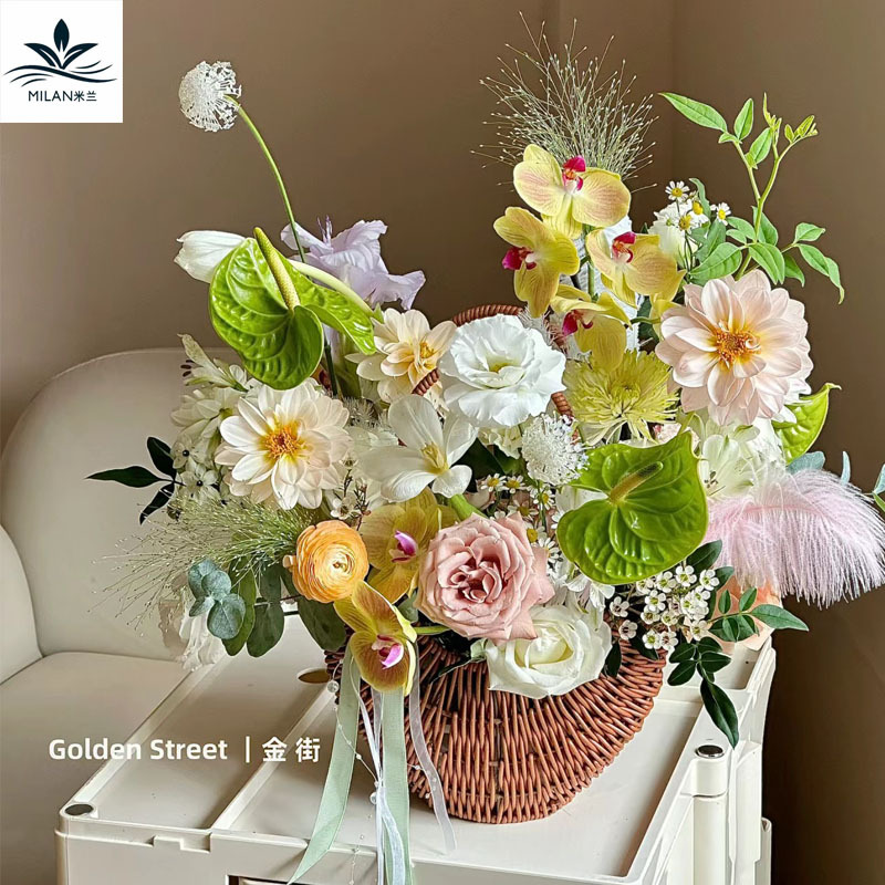 Cesta de hierro tejida a mano para el día del maestro, cesta de flores de mano de ratán de estilo pastoral retro, cesta de arreglo floral para salón, bricolaje