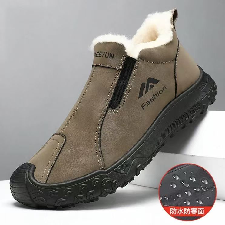 Winter cotton shoes with plush lining, tire-soled cotton boots, outdoor windproof, rainproof, snowproof slip-on shoes for men, snow boots