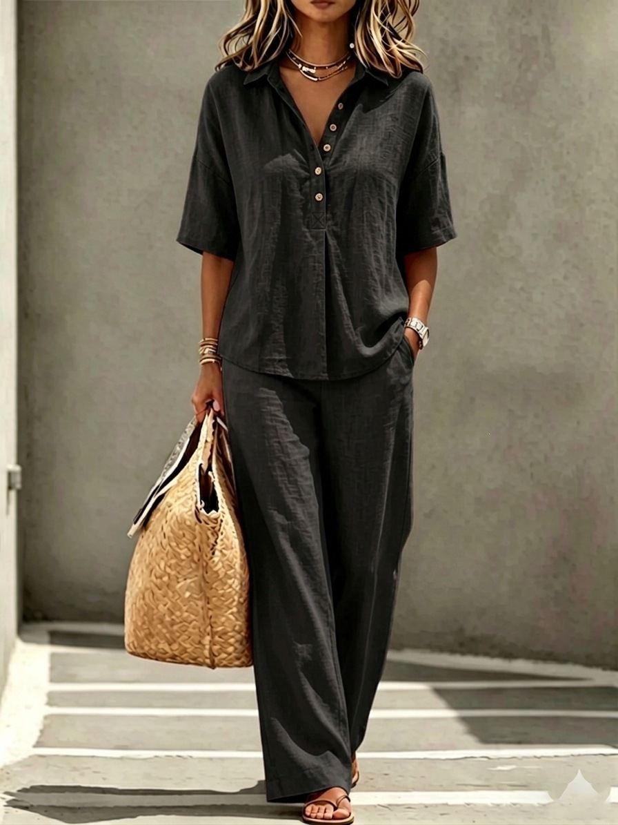 Women's Clothing Casual Loose Polo Collar Top Wide Leg Pants Two Piece Set_ecoleips.com