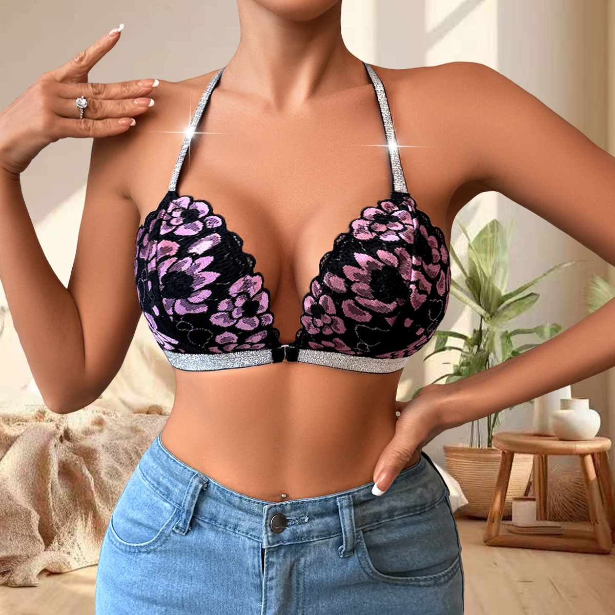 European and American New Underwear Foreign Trade Lace Embroidery Flowers Sexy Temptation Beautiful Back Push-Up Bra Without Rims in Stock