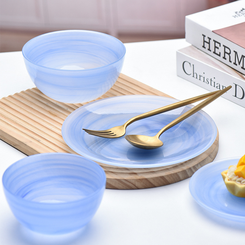 Household glass transparent ink glass white jade bowl creative bowl plate suit wholesale Chinese salad bowl plate