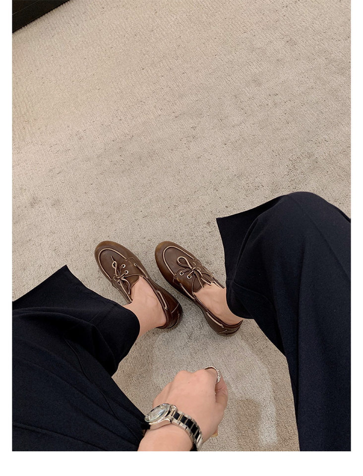 Giày lười nữ da bò thật đế mềm mũi tròn gót thấp — Màu nâu, hàng có sẵn, Màu trắng, hàng có sẵn chi tiết 32