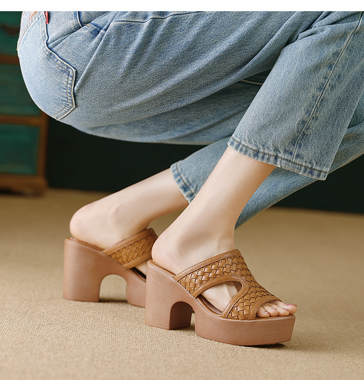 Sandal cao gót nữ đế platform đan chéo da thật gót 9 cm hở mũi — màu nâu, màu đen chi tiết 6