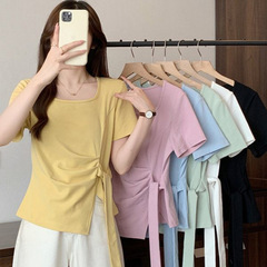 プラスサイズ夏スリムイエロースクエアカラー半袖Tシャツ2025スリムデザイン新しいウエストスリットトップファットmm