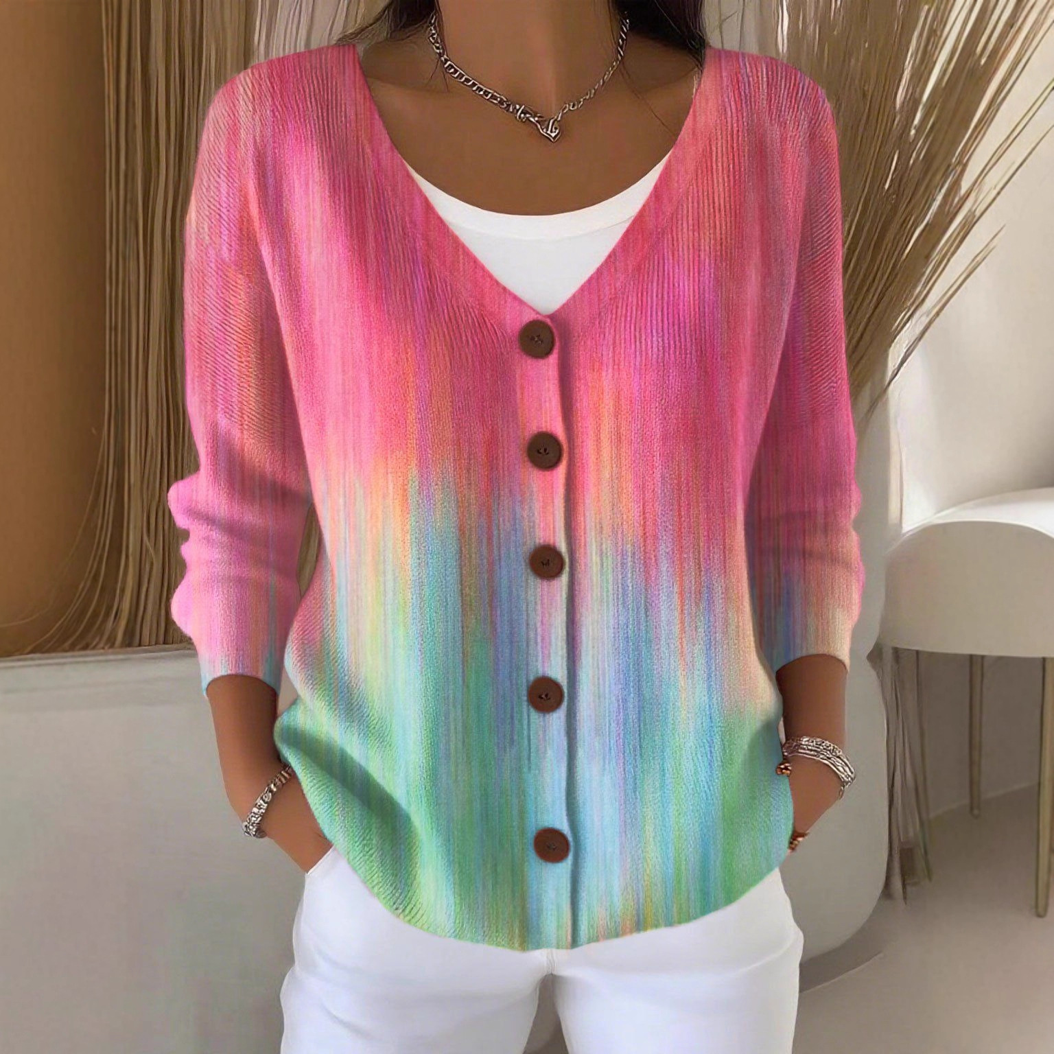 Ouy-Vk5 Cardigan V-Neck Long-Sleeved 5-Button Printed Sweater
