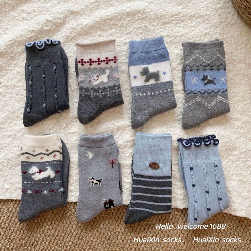 Autumn and Winter New Wool Socks for Women, Gray and Blue Combination, Fair Isle Puppy Warm Thickened Mid-Calf Socks, Women's Slouch Socks Autumn and Winter New Wool Socks for Women, Gray and Blue Combination, Fair Isle Puppy Warm Thickened Mid-Calf Socks, Women's Slouch Socks