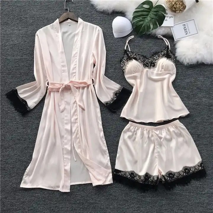 3-piece home suit from Europe and America, made of silk, satin, lace, suspender pajamas, sexy PJ pajama set, solid color morning gown for women