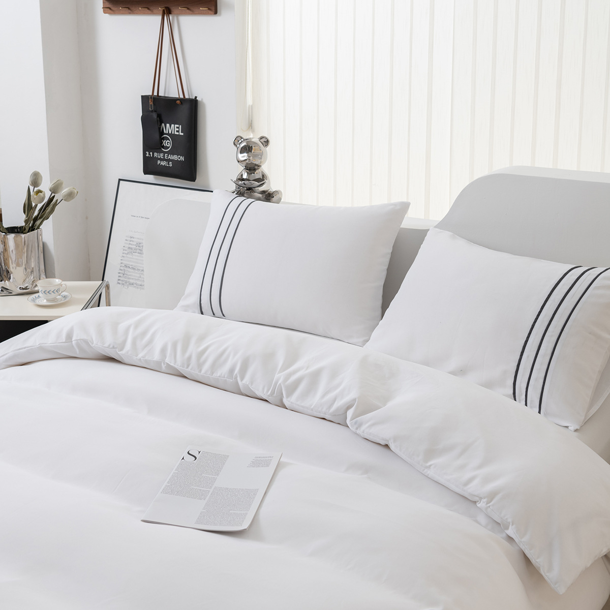 跨境外贸家纺套件新品床上用品纯色磨毛酒店风嵌线工艺款被套套件