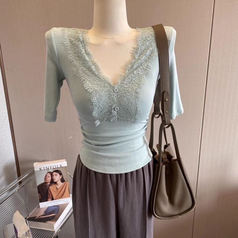 Shanli Dadi Pure Desire Style! French Lace Patchwork Gentle Padded Shoulder Slim Fit Mid-Sleeve T-Shirt for Women Base Layer