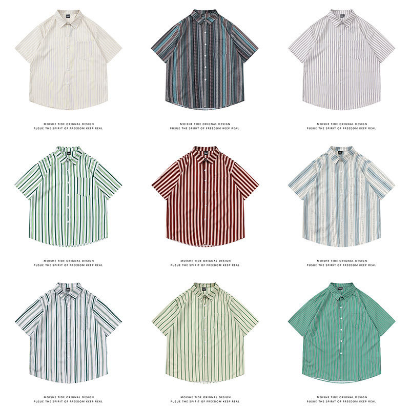 One-piece delivery New Hong Kong style retro vertical striped short-sleeved shirt men's fashion brand loose all-match casual couple shirt