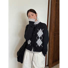 TG 秋冬学院风复古菱形格纹针织显瘦开衫女2025新款圆领毛衣25872